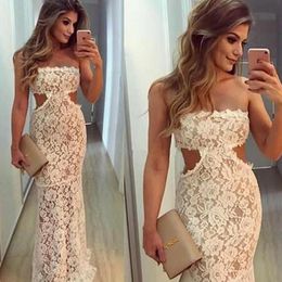 Sexy Sheath Column Prom Dresses Strapless Sleeveless Romantic Lace Cut Out Waist Evening Party Gowns See Through Skirt Sweep Train