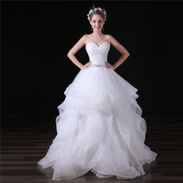 Fancy Ball Gown Wedding Dresses Pleats Organza Sparkling Sash Beads Lace-up Back Custom Made Plus Size Wedding Dresses