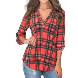 Women Casual Plaid Printed Blouse Long Sleeve V-Neck Irregular Hem Blouse Shirts Tops Blouses clothing Autumn ropa mujer verano