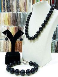 16MM Black Shell Pearl Necklace Bracelet Earring Set 18"7.5"