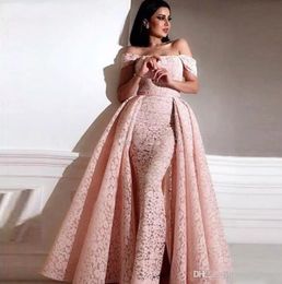 Saudi Arabic Overskirt Mermaid Prom Dresses Detachable Train Off-shoulder Formal Party Gowns Zipper Back Sheath Full Lace Evening Dress