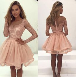 Elegant Sheer Long Sleeves Lace Homecoming Dresses Tulle Layered Ruffles Mini Short Cocktail Dresses Vestidos De Festa BA7086