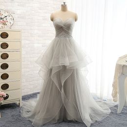 Fariy Light Grey Ball Gown Wedding Dresses Shining Sequins Beads Along waistline Sweep Train Pleats Tulle Bridal Gowns Plus Size Cheap