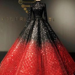 Ravishing Ball Gown Evening Dresses High Neck Long Sleeve Full Sequined Black Red Prom Dress 2018 Dubai Red Carpet Dress Evening Gowns