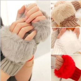 1 Pair Wool Blend Faux Rabbit Fur Women Fingerless Gloves Knitted Crochet Winter Gloves Warm Mittens Gants Femme For Lady Girls