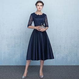 Tea Length Mother of the Bride Dresses Half Sleeves Zipper Back Dark Navy,Light Champagne,Red Mother's Dress Cheap