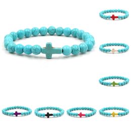 Turquoise Bracelet Men 8MM Prayer Blue Turquoises Stone Beads Bracelets for Women luxury jewelry Jesus cross bracelet
