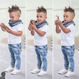 Fashion Kids Clothes Baby Boy Clothes Sets Spring Autumn Gentleman Suit Toddler Boys Clothing Short Sleeve Shirt Jeans Scarf 3PCS Outfits