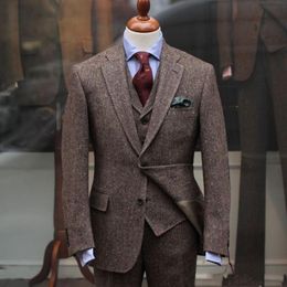 Spring Winter Fashion Brown Tweed Groom Tuxedos Man Blazer Notch Lapel Two Button Men Business Dinner Prom Suit(Jacket+Pants+Tie+Vest) 1155