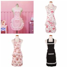 Amazon hot sell aprons pink white Lilac flower printed women lady lace apron black double layer apron top quality boutiques