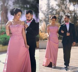 Pink Off Shoulder Prom Dresses Lace And Chiffon Sweep Train Evening Gowns Saudi Arabia Cocktail Party Dress Women Formal Wear