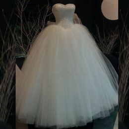 Sparkly Lace Tulle Ball Gown Wedding Dress Sweetheart Sleeveless Exquisite Pearls Puffy Skirt Princess Bridal Gowns Custom Made High Quality