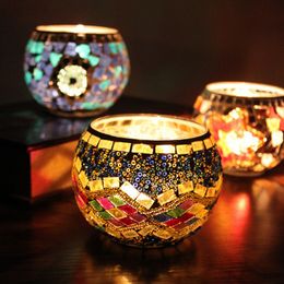 Mosaic Glass Candlestick Continental Retro Decoration Gifts Burning Bar Candle Cup Candle Holder Home Accessories Xmas Gifts