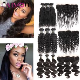 Hot Peruvian Brazilian Virgin Human Hair Extensions Body Wave Straight Silk Straight Hair Weave lace frontal bundles 3 Bundles with Frontal