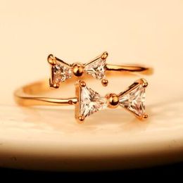 Korean Brand Designer Cubic Zirconia Bowknot Ring Fashion Gold Plated Charms Rings for Women