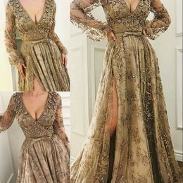Glamorous Deep V-Neck Prom Dresses Crystal Beads Lace Applique Long Sleeve Side Split Prom Dress Fashion Saudi Arabia Lace Formal Party Dres