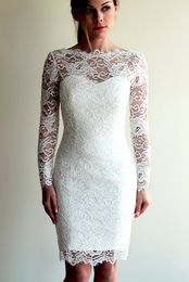 Vintage Lace Sheath Fitted Short Wedding Dresses With Long Sleeves Sheer Sleeves Informal Reception Bridal Gowns Knee Length Custom