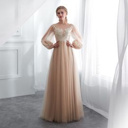 in Stock US2-US16 Size Champagne Evening Dresses with Applique Jewel Sheer Neck Long Hubble Sleeves Prom Gowns Back Zipper Floor-length Gown Eveng