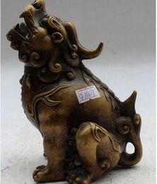 7"Folk Chinese Bronze Fuu Fo Dog Lion Statue Unicorn Beast incense burner Censer
