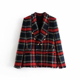 Vintage Women Panelled Patchwork Plaid Tweed Jacket Coat Double Breasted Pockets Long Sleeve Female Outerwear Tops Feminine