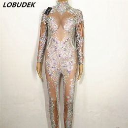 White Blue Crystals Costumes Sexy Leotard High Stretch Jumpsuit Bar Nightclub Women Singer DJ DS performance Rompers stage wears