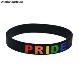 100PCS Pride Silicone Rubber Bracelet 1/2 Inch Wide Debossed Rainbow Colours Logo for Promotion Gift