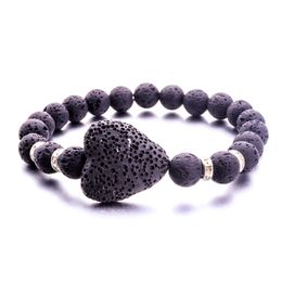 10Colors 20mm Heart Love 8mm Black Lava Stone Bracelet DIY Essential Oil Diffuser Bracelet for women men