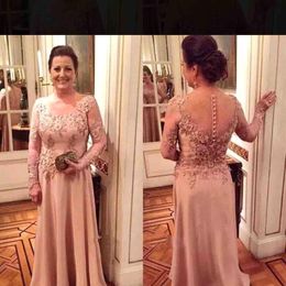 Elegant Sheer Long Sleeves Chiffon A Line Mother 's Dresses Lace Applique Floor Length Party Prom Mother Of The bride Groom Dresses