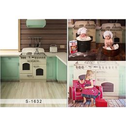 Indoor Cooking Room Kitchen Photography Backdrops Wood Floor Mint Green Cabinet Children Baby Cook Backgrounds for Photo Studio