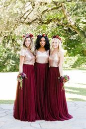 New Rose Gold Sequined Country Beach Bridesmaid Dresses V Neck Burgundy Two Piece Custom Cheep Long Floor Length Junior Wedding Guest Gowns