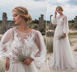 Long Sleeves Bohemian Boho Wedding Dresses Appliques Tulle Floor Length Beach Wedding Gowns Cheap Bridal Dresses