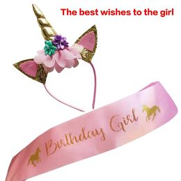 Unicorn Birthday Girl Set of Gold Glitter Unicorn Headband and Pink Satin Sash for Girls Party Supplies Favours and Decorations