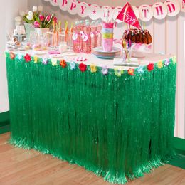 Hawaiian Party Decorations 275x75cm Artificial Grass Table Skirt with Hibiscus Tropical Luau Party Supplies