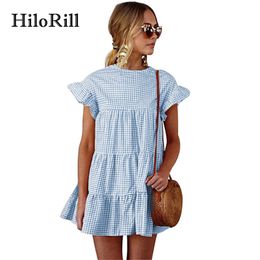 HiloRill Short Summer Dress 2018 Short Sleeve Vintage Plaid Dress Women Flare Sleeve Ruffles Bohemian Beach Sundresses XL