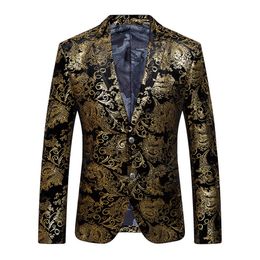 Gold Printed Velour Blazer Men Slim Fit Patry Formal Dress Suit Jacket Casual Mens Floral Blazers Single Breasted Stage Clothes