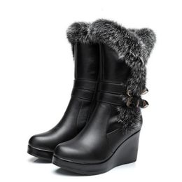 Most popular 2018 New Fashion Winter Warm Comfort Real Rabbit Hair Cowhide Leather Boots Snow Boots Women Shoes Boots Wedges High Heels