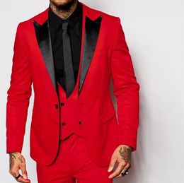 Fashion Red 3 Piece Suit Groom Tuxedos Peak Lapel One Button Bridegroom Wedding Suit Men Business Prom Dinner Blazer(Jacket+Pants+Tie+Vest)6