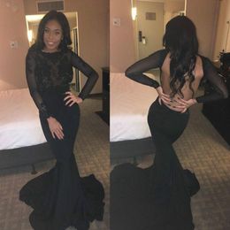 Sexy Backless Mermaid Prom Dresses Long Sleeve Illusion Sheer Lace Open back African Party Formal Evening Formal Gowns Robe De Soiree