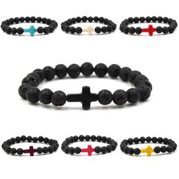 8mm Natural Lava Beads Stone Cross Bracelet Charm Beaded Essential Oil Diffuser Bracelets Elastic Rock Stone Bangle Unisex Jewe