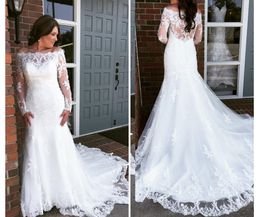 Vintage Mermaid Wedding Dress Lace Off the shoulder With Illusion Long Sleeves Court Train Applique Beaded Lace Bridal Gown Cheap