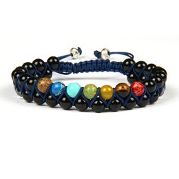 7 Chakra Healing Yoga Bracelets 6mm Natural Sediment & Black Onyx Stone Beads Double Row Macrame Jewellery Whole 10pcs259c