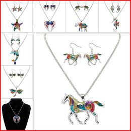 Enamel Horse Elephant Crab Starfish Necklace Earrings Jewellery Sets Pendants For Women Silver Plated Enamel Jewellery Gift Animals Necklaces