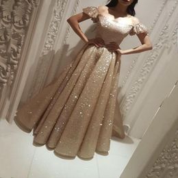 Champagne Luxury Evening Dresses Off Shoulder Short Juliet Sleeves Sequined A-Line Prom Gowns Back Zipper Ruffle Custom Made Formal Gowns