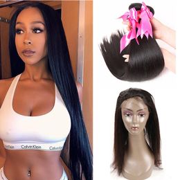 Brazilian Straight Human Hair Weave With Lace Frontal Closure Cheap Brazilian Pre Plucked 360 Lace Frontal With Virgin Human Hair Bundles