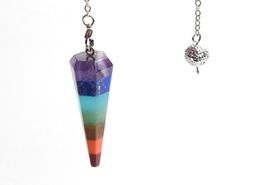 Natural Multicolor Chakra Stone Carved Subuliform Point Reiki Energy Healing Pendulum with Alloy Chain Ball