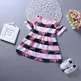 Baby Girl Clothes 2018 New Kids Cold Shoulder Floral Summer Dress Leaves Short Sleeve Round Neck Striped Outfit Casual Cotton Girls Dresses