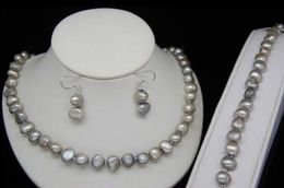 9mm charming Natural Grey Freshwater Baroque pearl Necklaces Bracelet earring Set