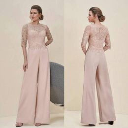 Cheap Jumpsuits Lace Mother Of The Bride Pant Suits Bateau Neck Blush Pink Wedding Guest Dress Chiffon Plus Size Mothers Groom Dresses