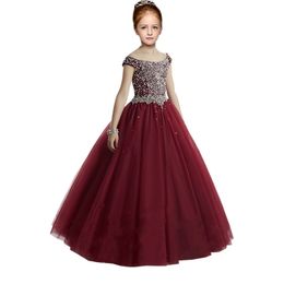 2021 Fashion Burgundy Girls Pageant Dresses For Prom Evening Party Off the shoulder with Short Sleeves Tulle Embellished Crystal Sequin