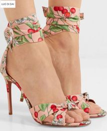 2018 new women fashion party shoes summer gladiator sandals flower print sandals red cherry high heels peep toe lace up sandals